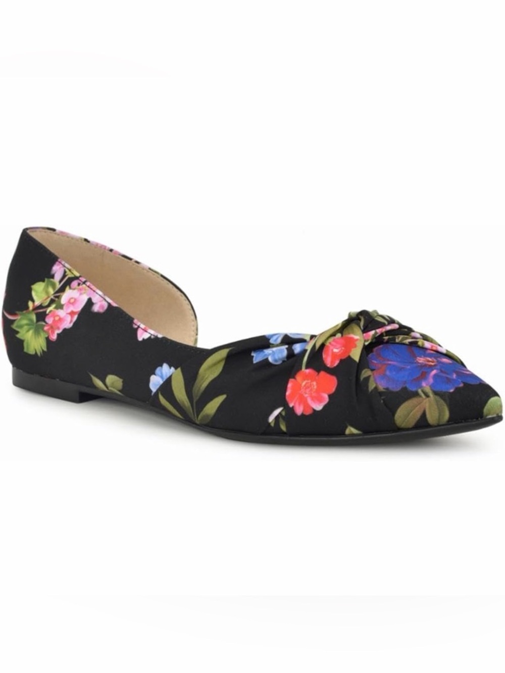 Floral Knot Pointed Toe D'Orsay Flats - Black Floral